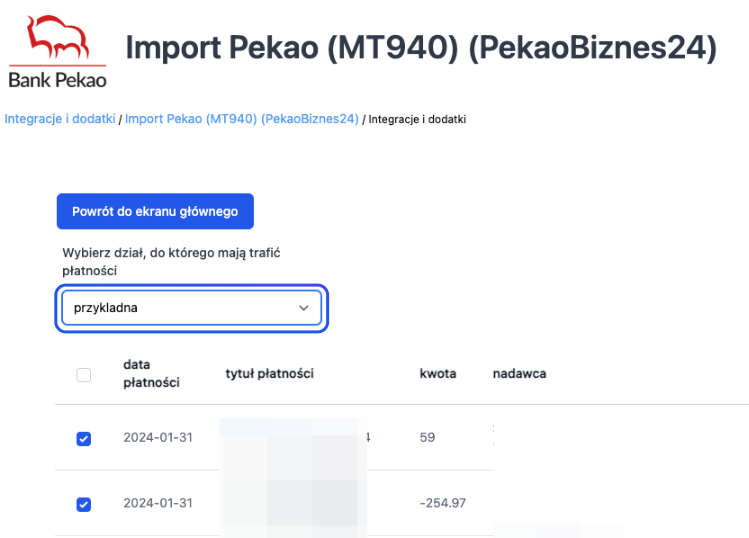 Import wyciągów bankowych MT940 w systemie PekaoBiznes24, z wyborem działu oraz listą transakcji z datą, tytułem płatności i kwotą