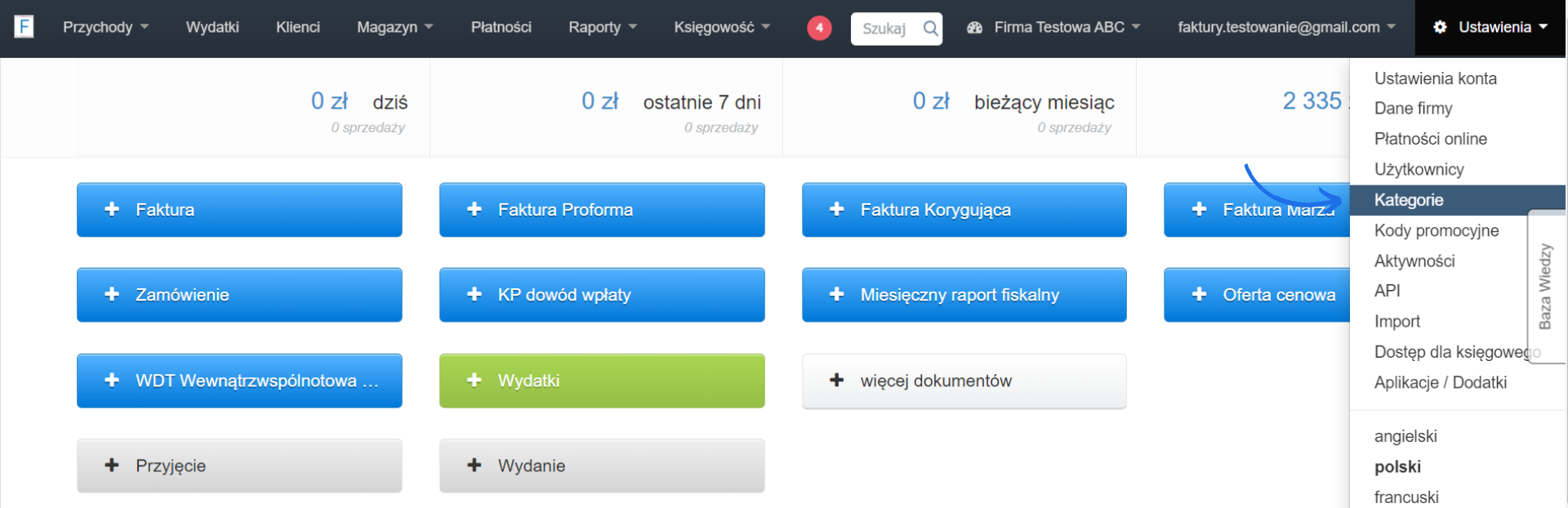 Strona główna systemu Fakturowni z statystykami sprzedaży, przyciskami faktur oraz listą ustawień.
