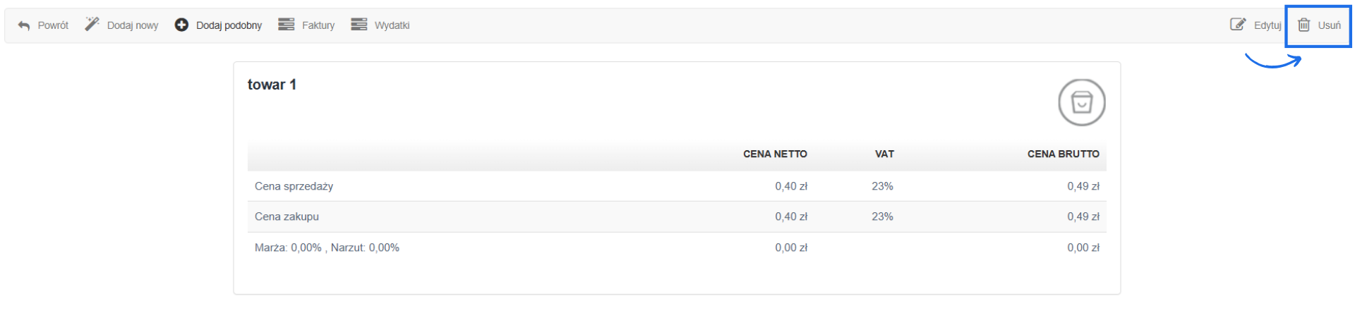 Karta produktu z podstawowymi danymi o produkcie z dostępną opcją usunięcia.