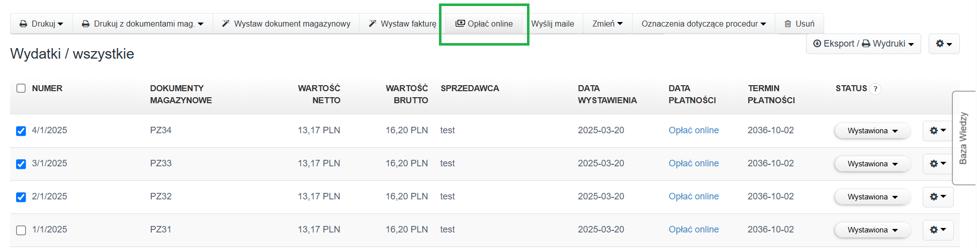 Lista wydatków z zaznaczonymi dokumentami oraz wyróżnioną opcją „Opłać online” umożliwiającą płatność za wiele faktur jednocześnie.