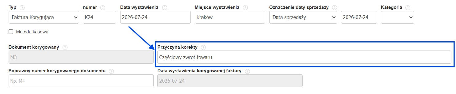Formularz tworzenia korekty do faktury marża z uzupełnionym polem przyczyna korekty.