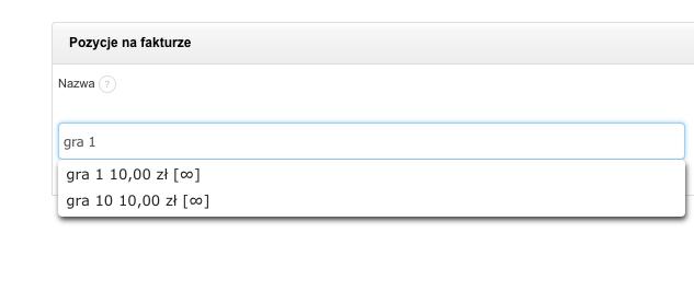 Lista podpowiedzi produktów dla okrojonej frazy 'gra' w polu Nazwa na fakturze w systemie Fakturownia.
