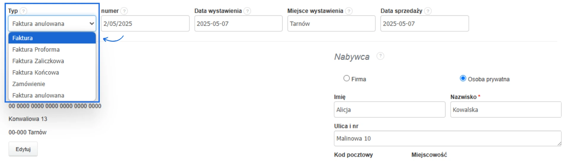Pole zmiany typu dokumentu w formularzu faktury — rozwijana lista z opcją „Faktura anulowana” aktywna oraz zaznaczona data i dane nabywcy.