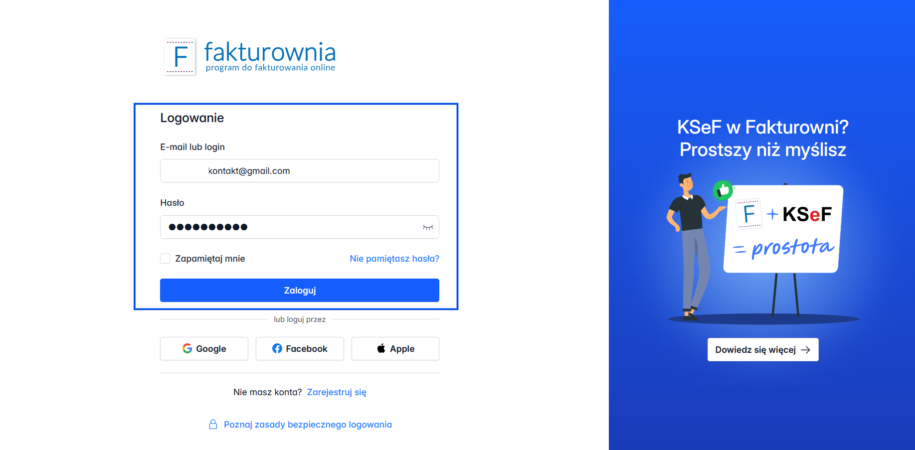 Formularz logowania do systemu Fakturownia z uzupełnionym adresem e-mail i hasłem.