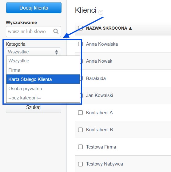 Panel do filtrowania listy klientów na koncie po kategorii.