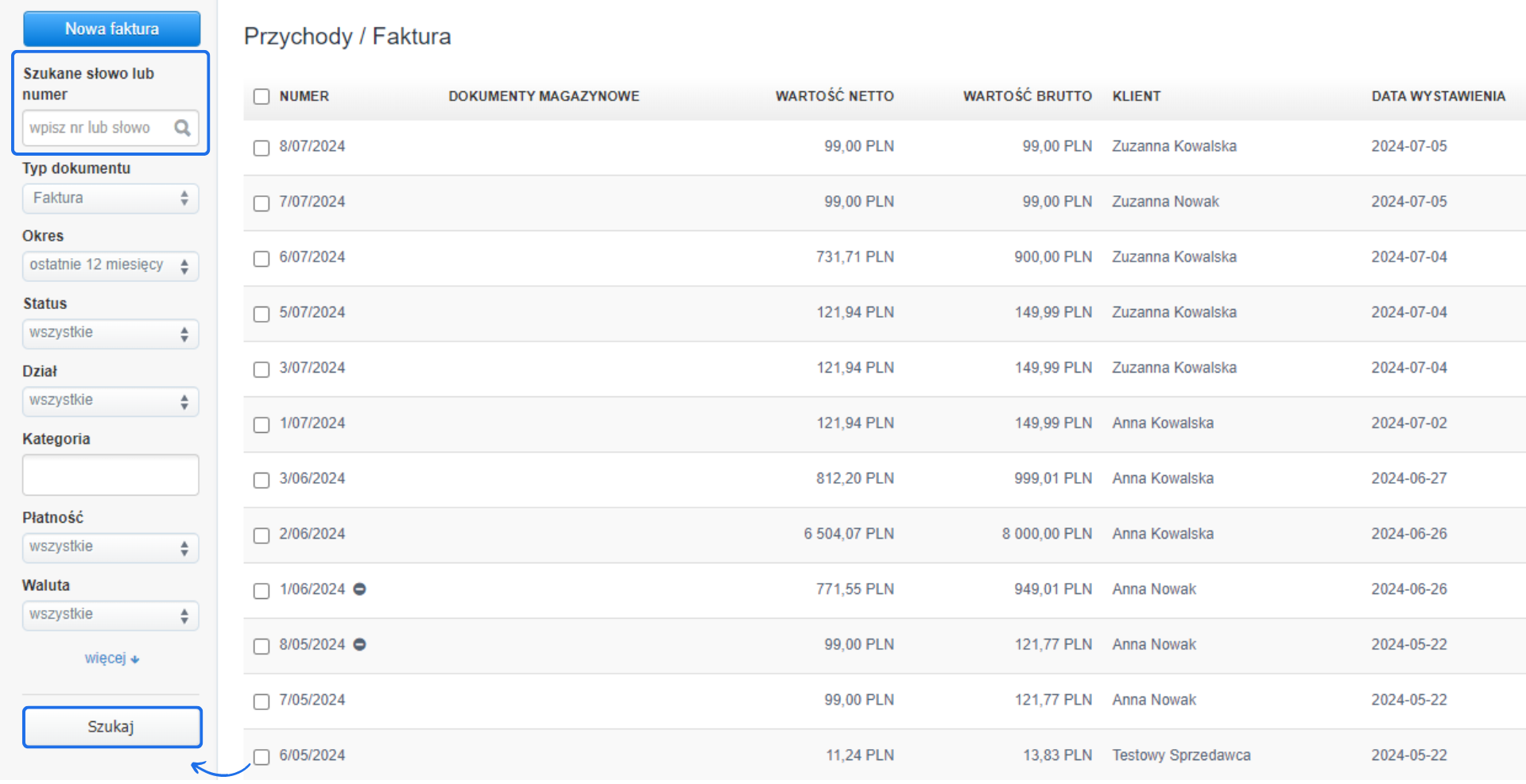 Lista faktur z możliwością wyszukiwania po numerze i słowie, z różnymi opcjami filtrowania i dodania nowej faktury.