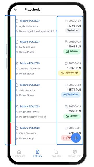 Ekran aplikacji Fakturownia – lista faktur z różnymi statusami płatności oznaczonymi kolorami i etykietami, np. 'Wystawiona', 'Opłacona', 'Częściowo opł.'.