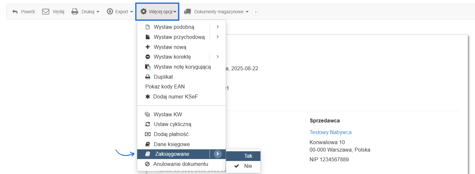 Podgląd faktury kosztowej w systemie do fakturowania online z aktywną zakładką więcej opcji i możliwością oznaczenia faktury jako zaksięgowana w systemie księgowym.