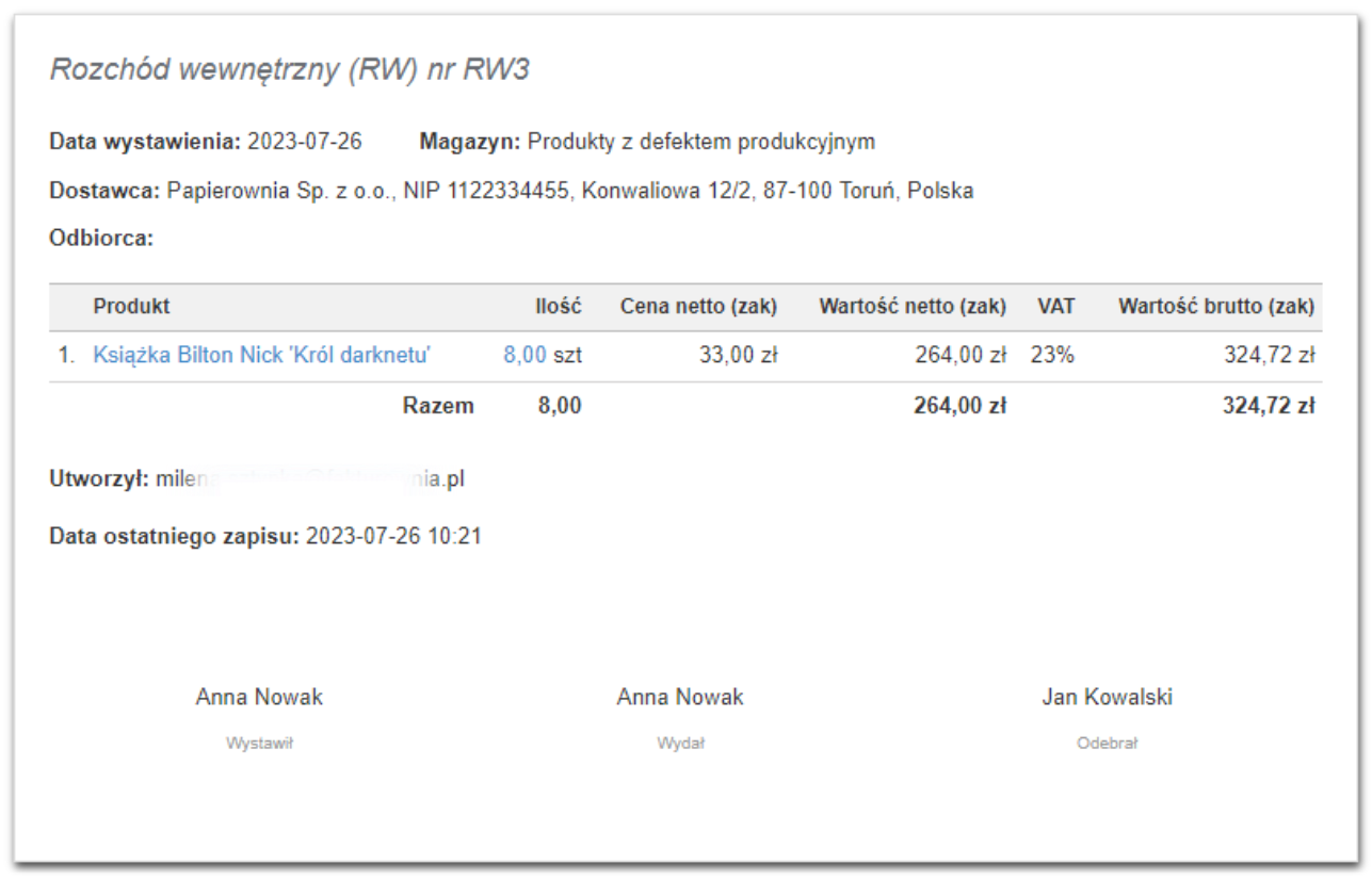 Podgląd dokumentu magazynowego RW z informacjami o produkcie, ilości, cenach netto i brutto, podatku VAT oraz danych dostawcy i odbiorcy.