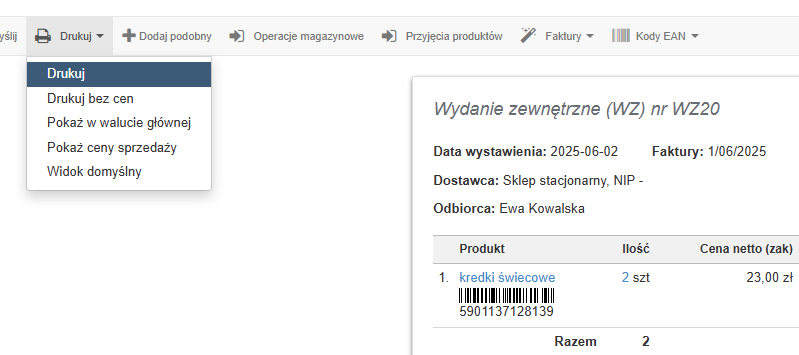 Menu drukowania dokumentu WZ z widoczną opcją „Drukuj” i wyświetlonym kodem kreskowym EAN produktu kredki świecowe.