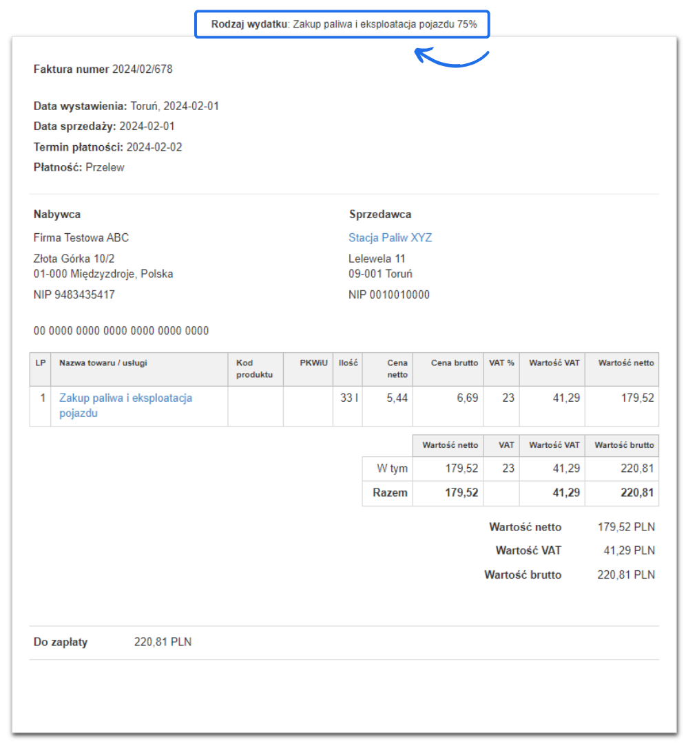 Przykładowa faktura kosztowa za zakup paliwa dla testowej firmy ABC z określonym rodzajem wydatku przypisanym do dokumentu.