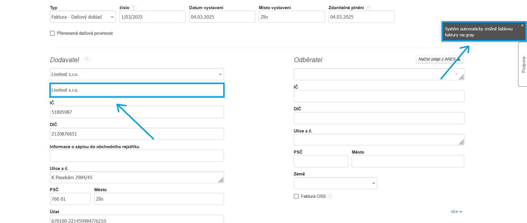 System automaticky zmenil sablonu