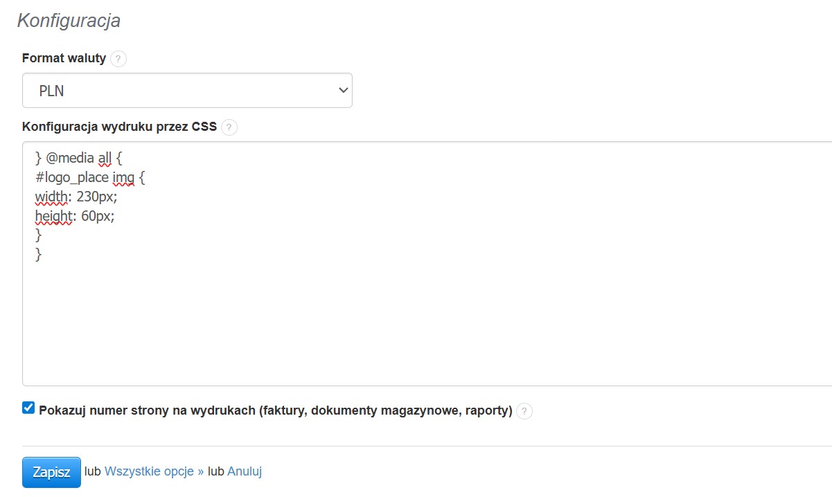 Przykładowy kod CSS, który zmienia wielkość logo na dokumentach dodany w sekcji konfiguracja wydruku przez CSS.
