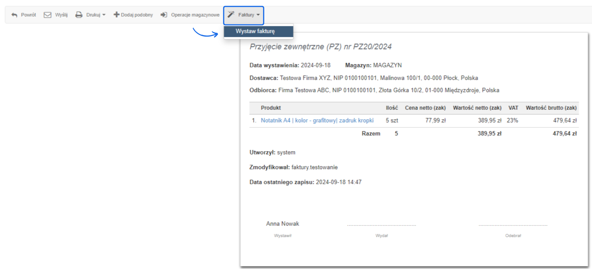 Przyjęcie zewnętrzne PZ20/2024, notatnik A4 grafitowy, 5 sztuk, cena netto 389,95 zł, wartość brutto 479,64 zł, dostawca Testowa Firma XYZ.
