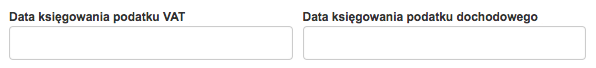 Pola z formularza tworzenia faktury w systemie Fakturownia, które pozwalają określić datę księgowania podatku VAT i podatku dochodowego.