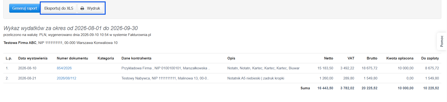 Opcje pobrania danych z raportu wykaz wydatków - eksport do XLS i wydruk.