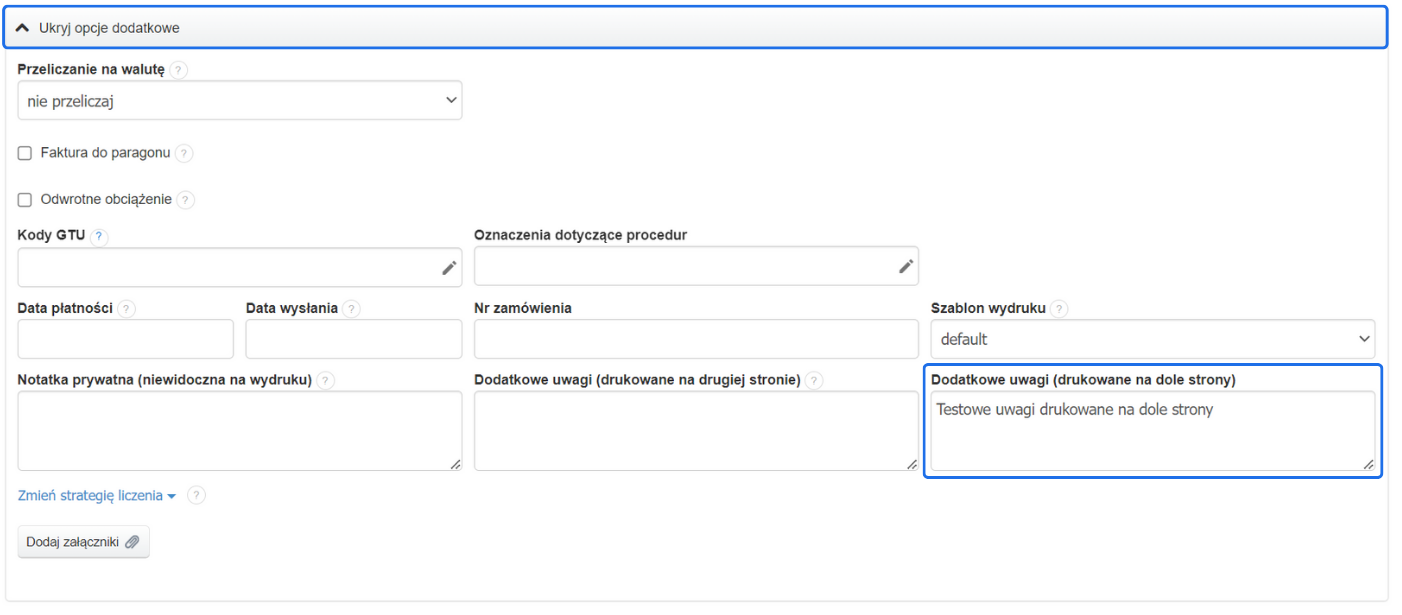   ChatGPT powiedział: Ustawienia dokumentów po płatności online – wystawienie faktury lub paragonu zależnie od preferencji klienta.     Powiedziałeś(-aś):   ChatGPT powiedział: Pole dodatkowych uwag do druku na dole strony – przykład z wpisem „Testowe uwagi drukowane na dole strony”.