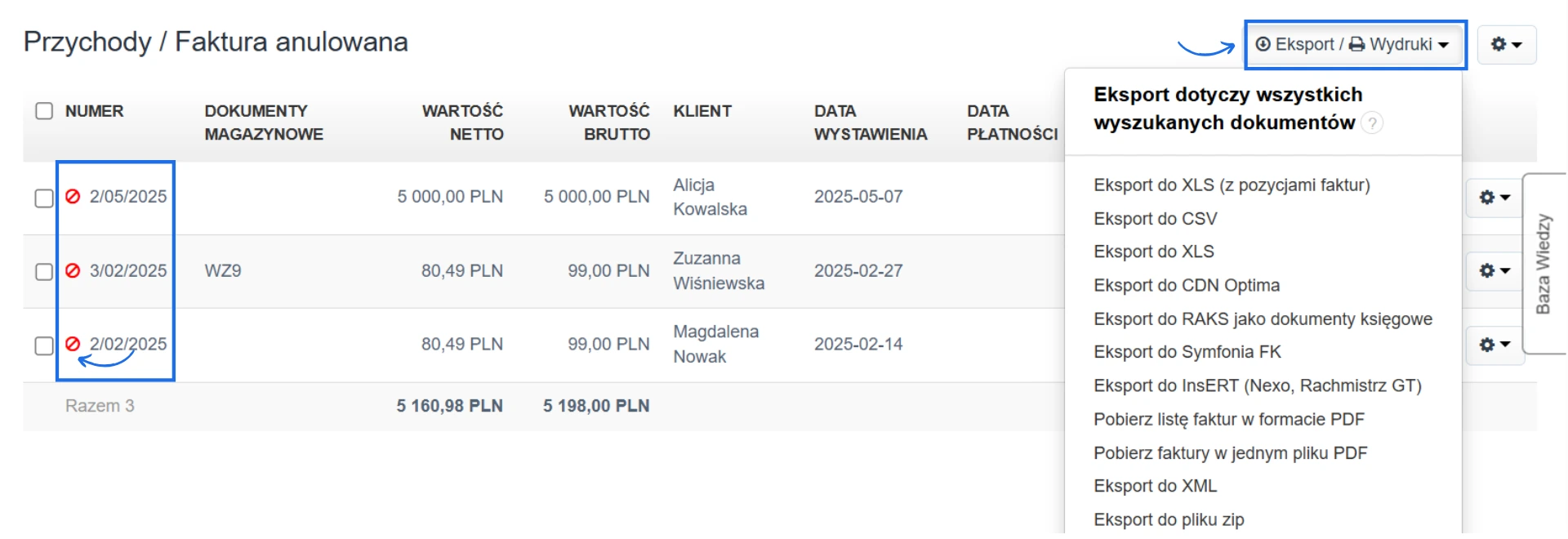 Widok listy anulowanych faktur w systemie do fakturowania z możliwością eksportu dokumentów do plików XLS, CSV lub XML. 