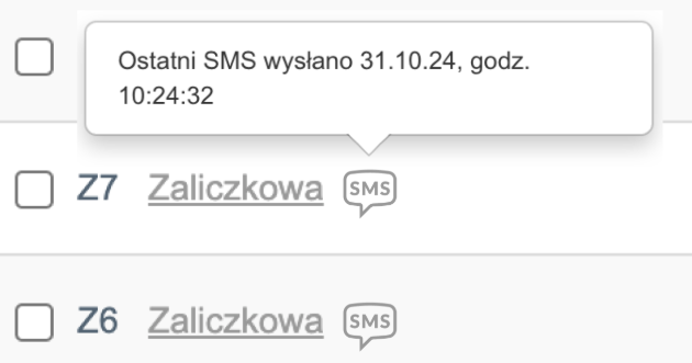 Lista dokumentów z oznaczeniem „Zaliczkowa” i ikoną SMS. Nad jednym z nich widoczna chmurka informacyjna o ostatnim wysłanym SMS-ie 31.10.24 o godz. 10:24:32