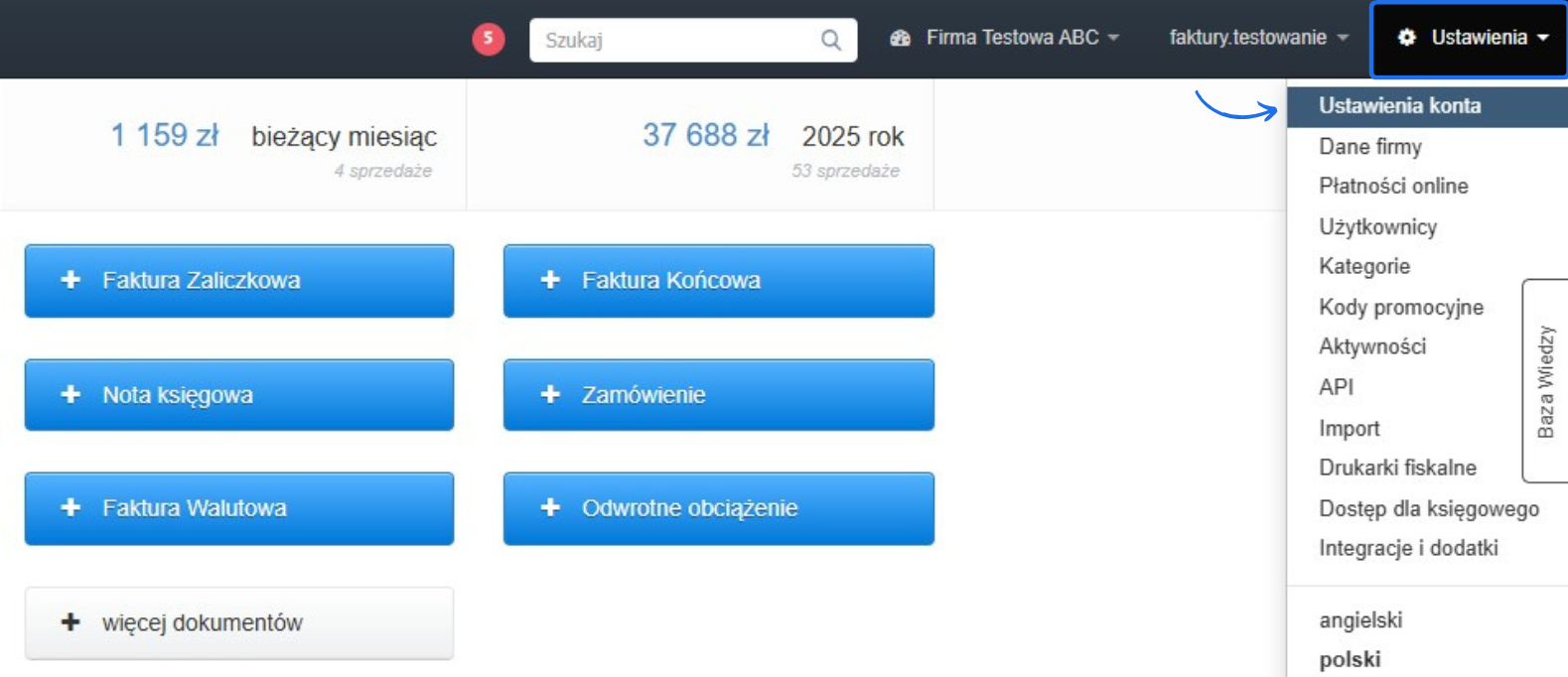 Panel ustawień konta w systemie do fakturowania. Widoczne opcje, m.in. ‘Dane firmy’, ‘Płatności online’, ‘API’ i ‘Drukarki fiskalne’.