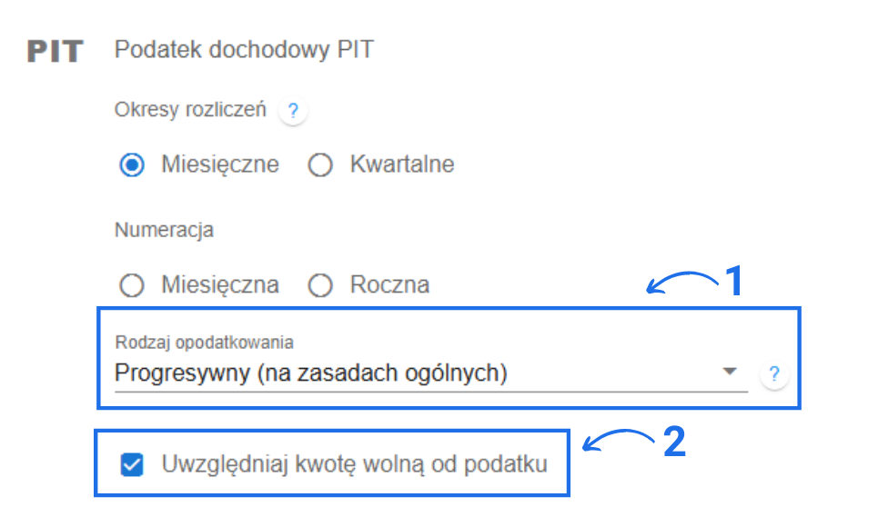 Ustawienia podatku dochodowego PIT z wyborem progresywnego opodatkowania i zaznaczoną kwotą wolną od podatku.