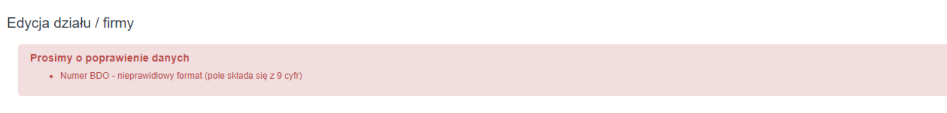 Edycja działu lub firmy z prośbą o poprawienie danych, wskazanie na numer BDO w nieprawidłowym formacie.