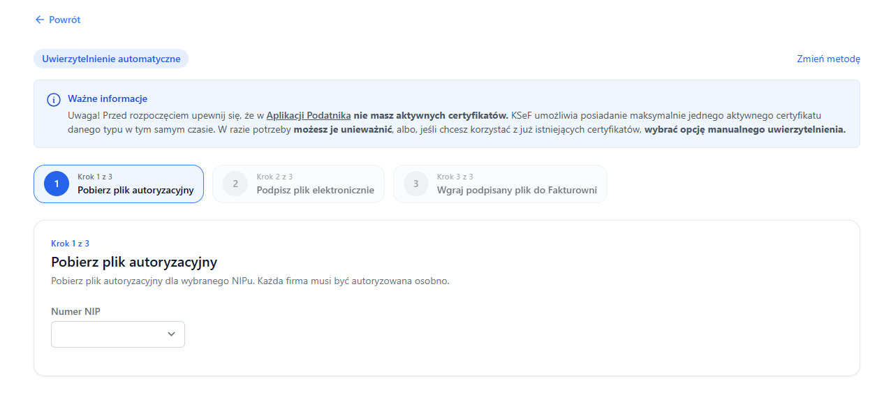 Ekran pobierania pliku autoryzacyjnego KSeF w Fakturowni z informacją o limicie czasu sesji.