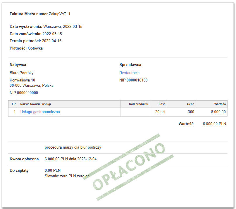 Przykładowa faktura kosztowa wystawiona w procedurze marża dla biur podróży.