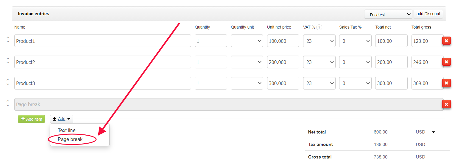 How to separate products on different pages of the invoice