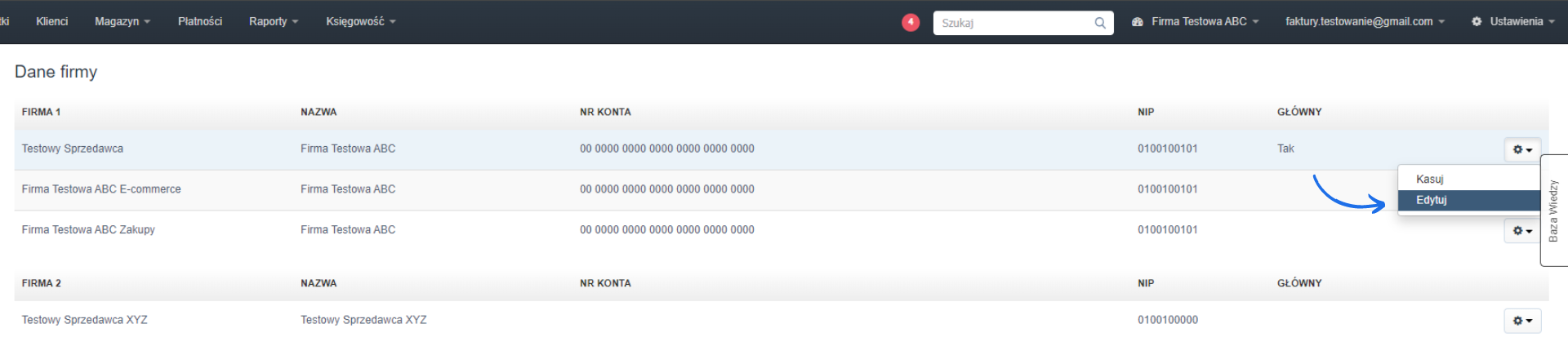 Ekran 'Dane firmy' w systemie do fakturowania z listą firm, ich nazwami, numerami kont bankowych oraz opcjami edycji.