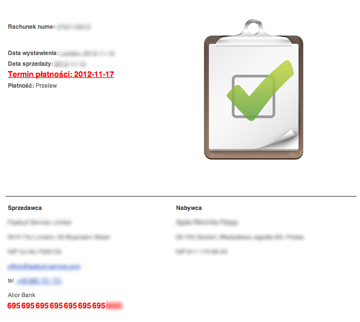 Rachunek z terminem płatności, danymi sprzedawcy i nabywcy oraz ikoną zielonego znaku wyboru, wskazującą na akceptację transakcji.