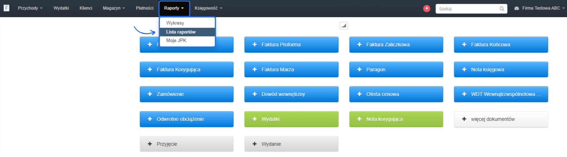 Ekran systemu księgowego z wybraną opcją 'Lista raportów' w sekcji 'Raporty' oraz widocznymi przyciskami do wystawiania różnych dokumentów.