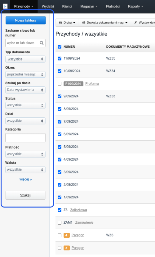 Panel wyszukiwania dokumentów w systemie fakturowania, filtr typ dokumentu, okres, status, dział oraz lista dokumentów