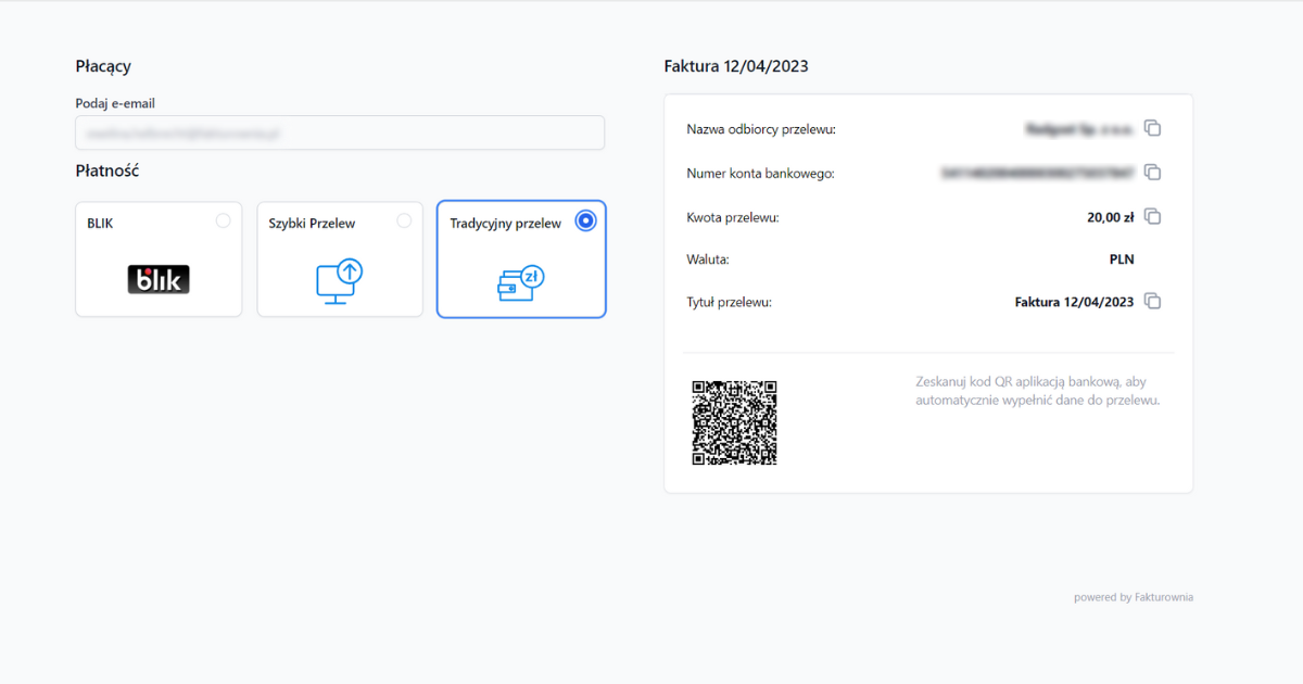 Ekran płatności online z wyborem metody płatności: BLIK, szybki przelew, tradycyjny przelew oraz szczegółami faktury z QR kodem do przelewu.