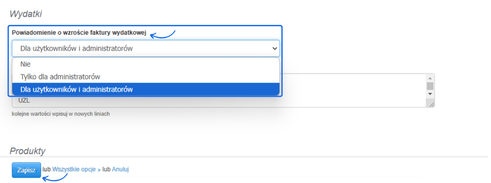 Ustawienia powiadomień o wzroście kwoty faktury wydatkowej z rozwiniętym menu opcji. Zaznaczona opcja ‘Dla użytkowników i administratorów’ oraz przycisk ‘Zapisz’.