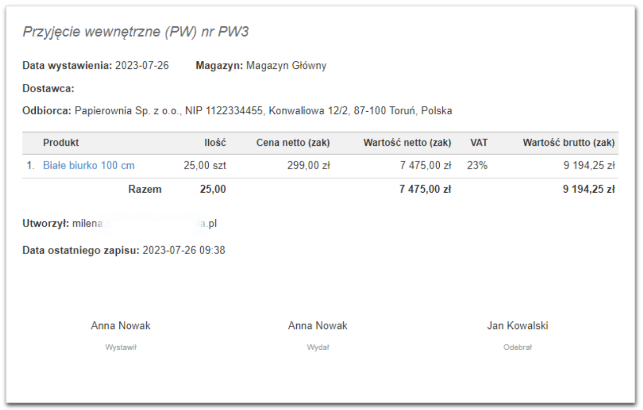 Dokument magazynowy 'Przyjęcie wewnętrzne (PW) nr PW3' z dnia 2023-07-26 dla magazynu głównego oraz szczegółami przyjmowanego na stan produktu. 