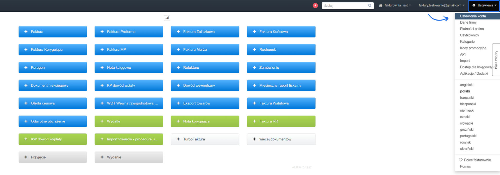 Interfejs użytkownika pokazujący przyciski do różnych typów dokumentów finansowych, takich jak faktury, paragony, i zamówienia.