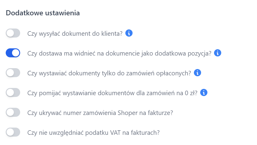 Sekcja dodatkowych ustawień dokumentów w Fakturowni. Włączona opcja ‘Czy dostawa ma widnieć na dokumencie jako dodatkowa pozycja?’