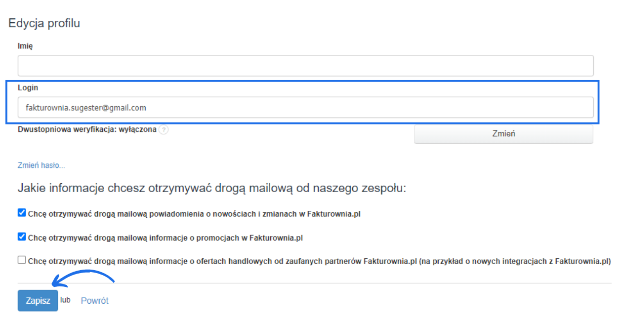 Formularz edycji profilu użytkownika po stronie Fakturowni z aktywnym polem login.