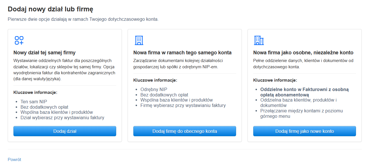 Okno wyboru sposobu dodania nowej firmy: jako nowy dział w ramach jednego konta lub jako nowe osobne konto w Fakturowni.