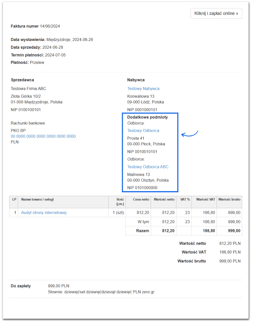 Przykład faktury z wieloma odbiorcami: informacje o sprzedawcy, nabywcy, odbiorcach, pozycjach faktury, cenach netto, VAT, brutto.