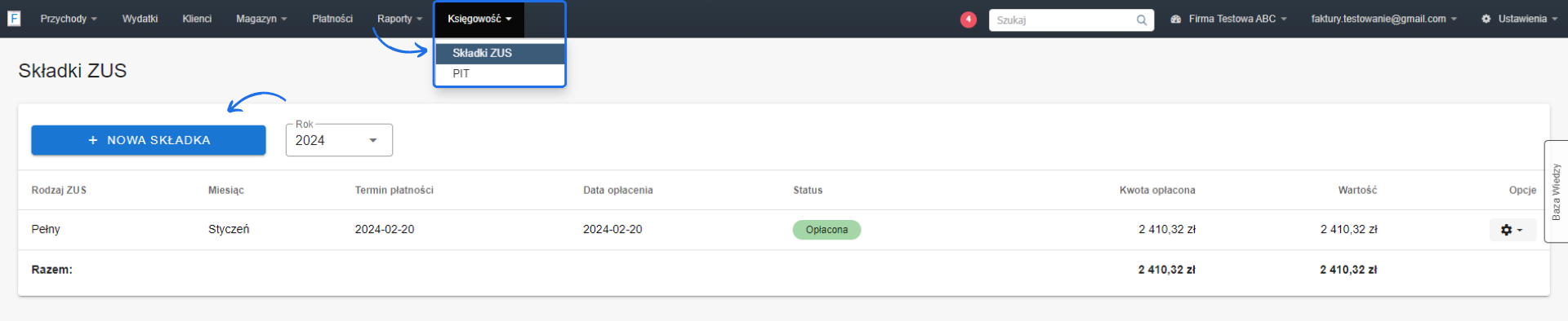 Nowa składka ZUS za styczeń 2024, opłacona na kwotę 2410,32 zł z datą płatności 20 lutego 2024, widoczna w systemie.