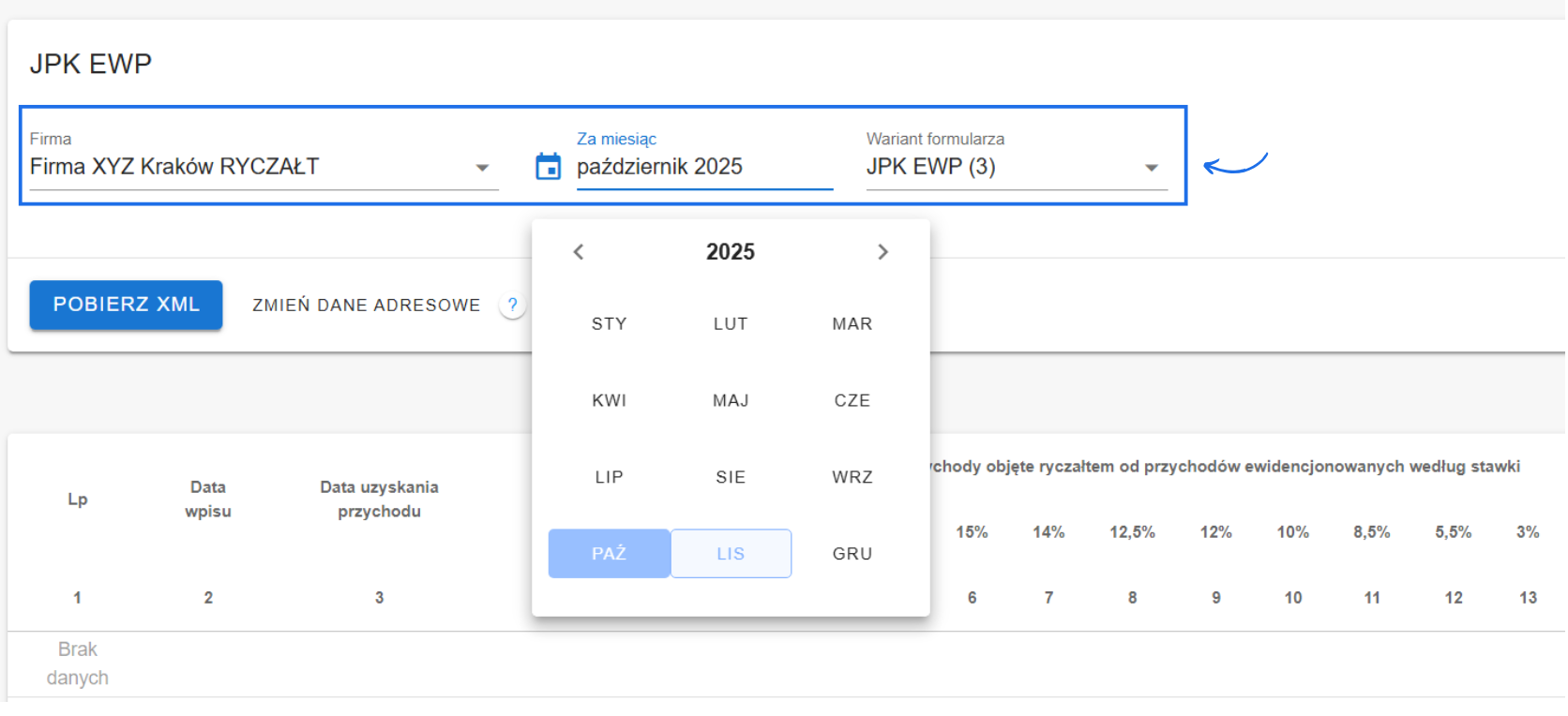 Formularz generowania raportu JPK EWP z możliwością wybrania firmy, za jaki miesiąc oraz w jakiej wersji formularza ma być raport.
