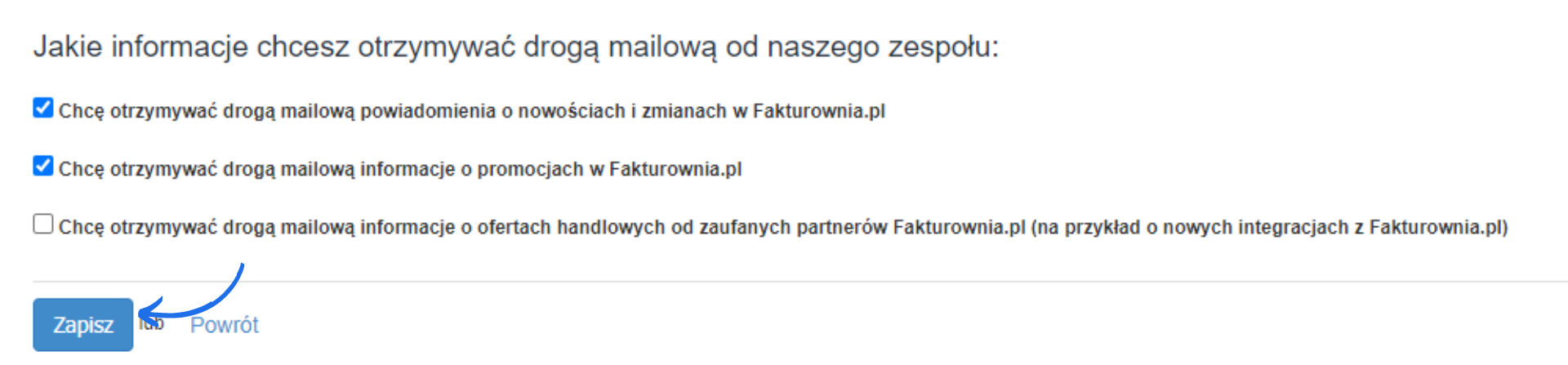 Informacje marketingowe dostępne do aktywacji/dezaktywacji w ustawieniach profilu użytkownika.