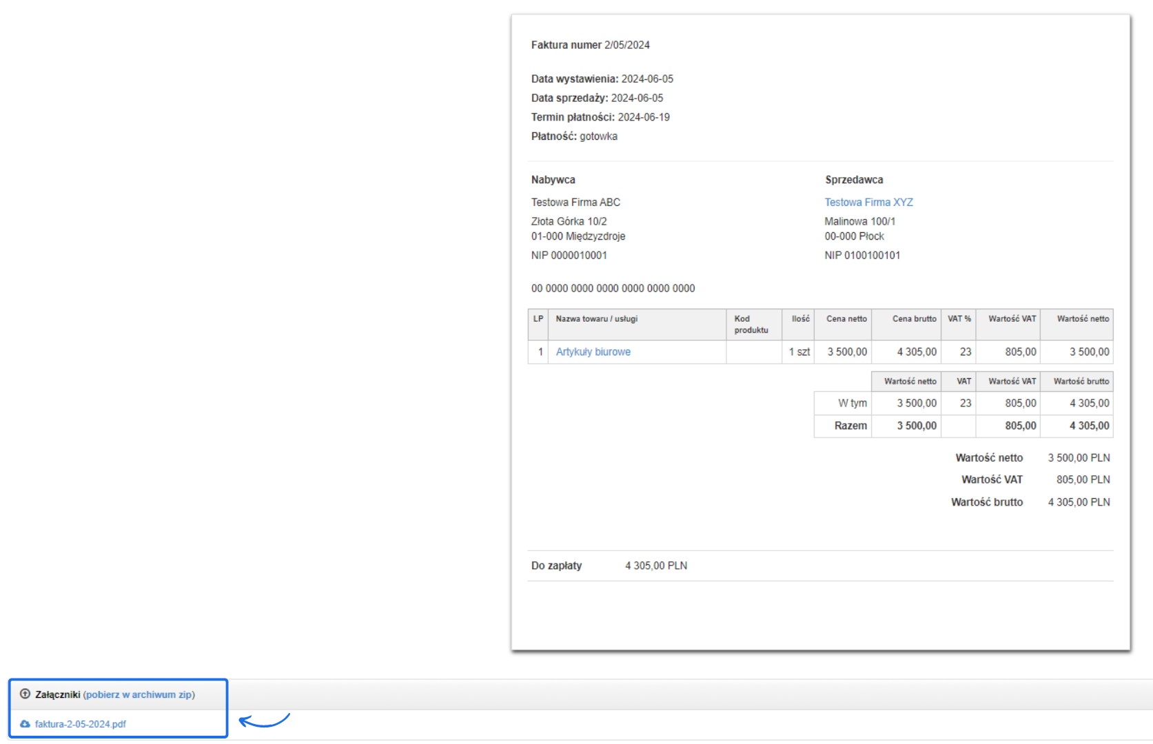 Podgląd faktury z wyszczególnionymi pozycjami oraz załącznikiem do pobrania w formacie PDF.