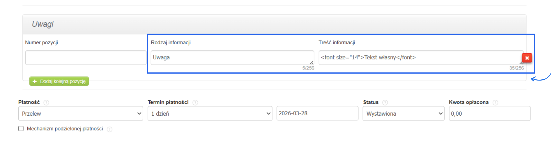 Pole Uwagi na formularzu z kodem powiększającym wielkość czcionki.