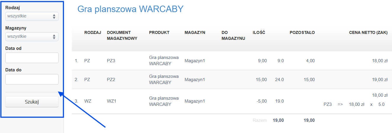 Lista wszystkich filtrów wyszukiwania na liście dokumentów magazynowych produktu.