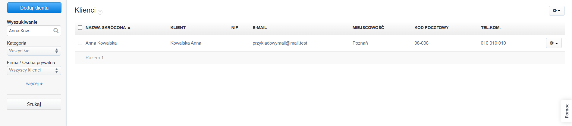 Karta klienta w systemie Fakturownia.pl z danymi zaktualizowanymi po połączeniu zdublowanych rekordów.