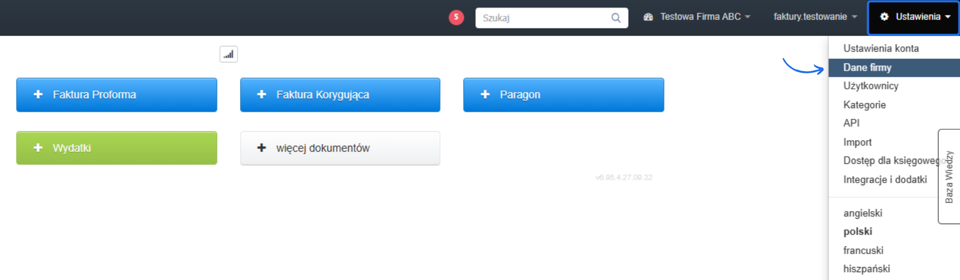 Panel zarządzania w Fakturownia z rozwiniętym menu ustawień – zaznaczona opcja 'Dane firmy' do edycji informacji firmowych.