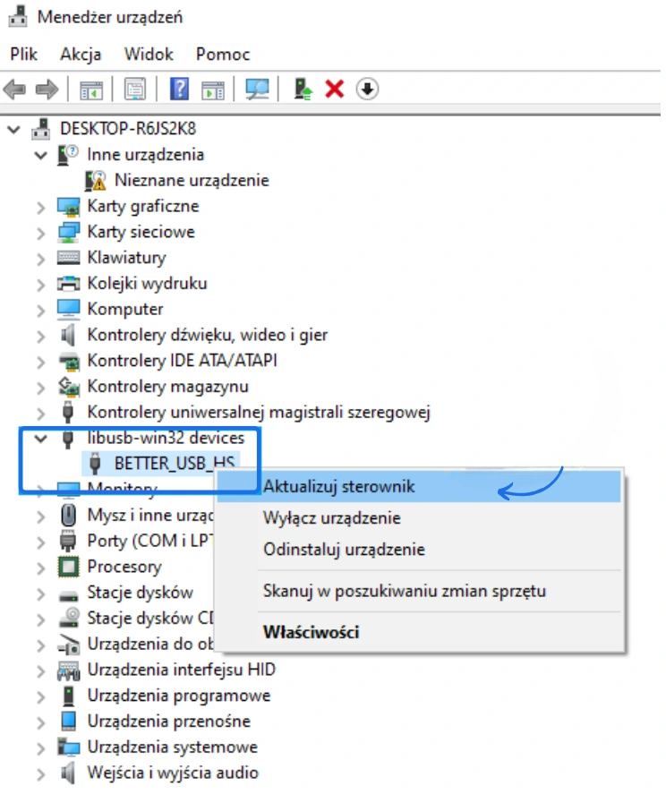 Menedżer urządzeń z zaznaczonym urządzeniem BETTER_USB_HS i opcją "Aktualizuj sterownik" w systemie Windows.